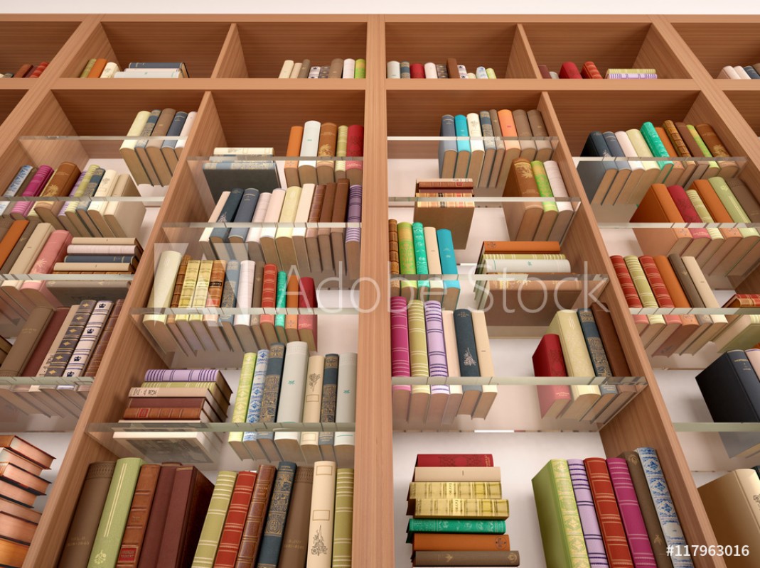 Afbeeldingen van Wooden and glass shelves with different books Library 3d illus